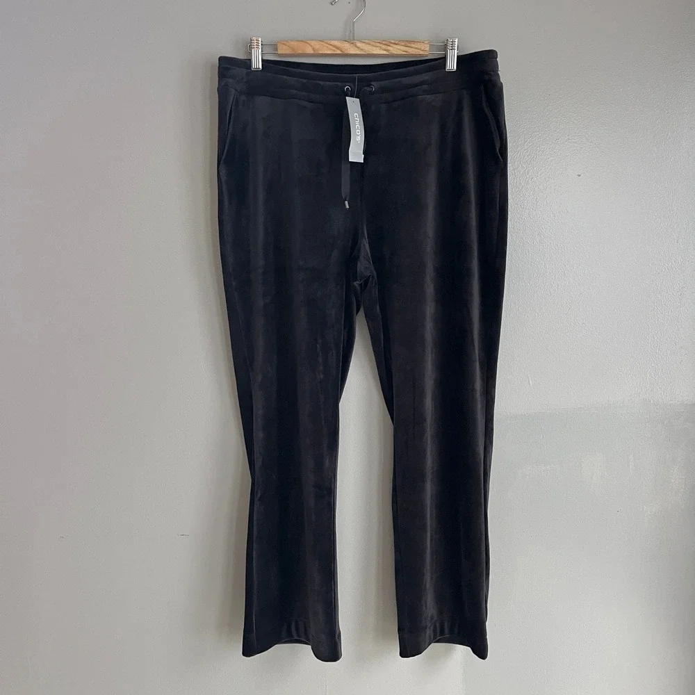 Chicos Weekends Velour Drawcord Pants Black Velvet Soft Lounge Size 2 Large NWT